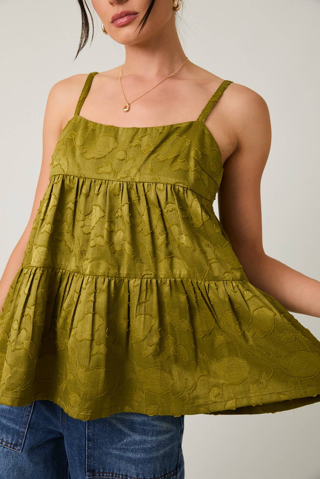Olive Green Sleeveless Tiered Jacquard Woven Top