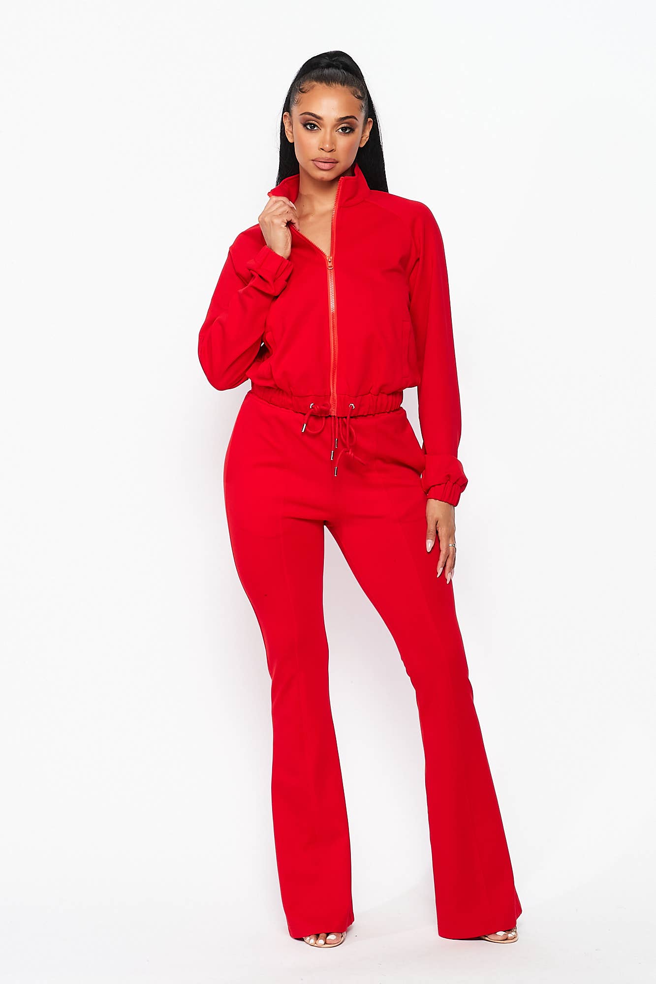 Simple Day Knit Track Jacket and Flare Pants Set: RED