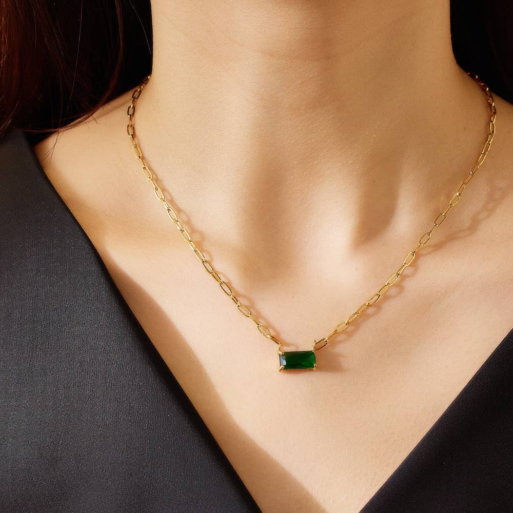 Titanium Steel Simple Rectangle Inlay Zircon Necklace: Blue