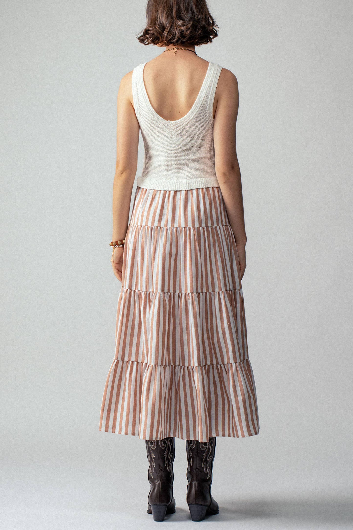Blue Ribbed Bodice Striped Tiered Dress