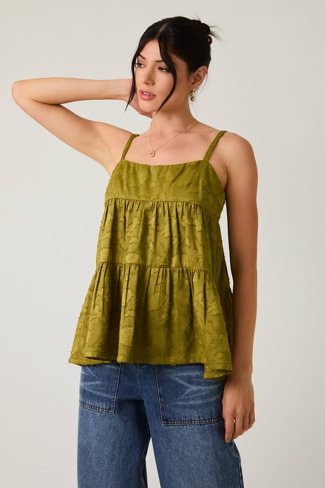 Olive Green Sleeveless Tiered Jacquard Woven Top