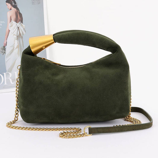 Olive Suede Hobo Bag with Gold Accents