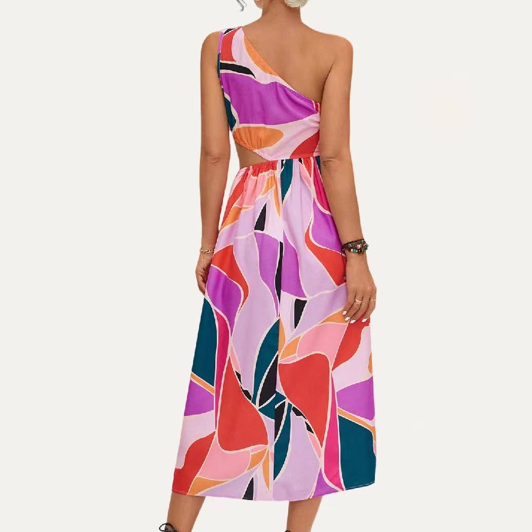 Cutie Multi Color One Shoulder Cutout Sleeveless Midi Dress: Pink Multi / S