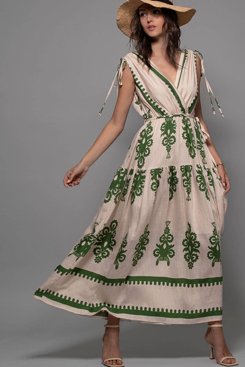 Green and Cream Embroidered Print Tie-Shoulder V-Neck Maxi Dress