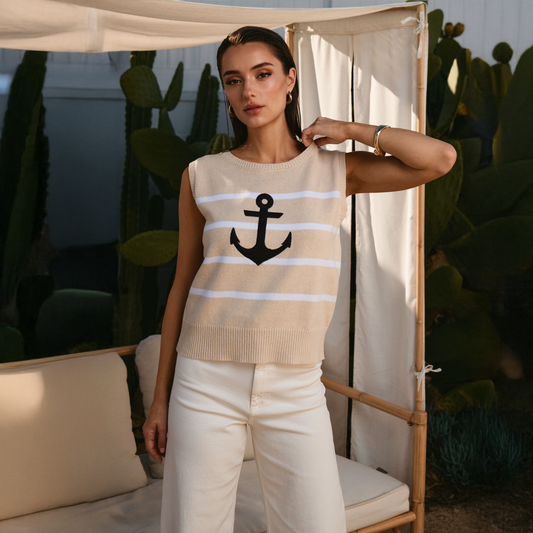 AT3186 Striped anchor sweater tank top: NATURAL