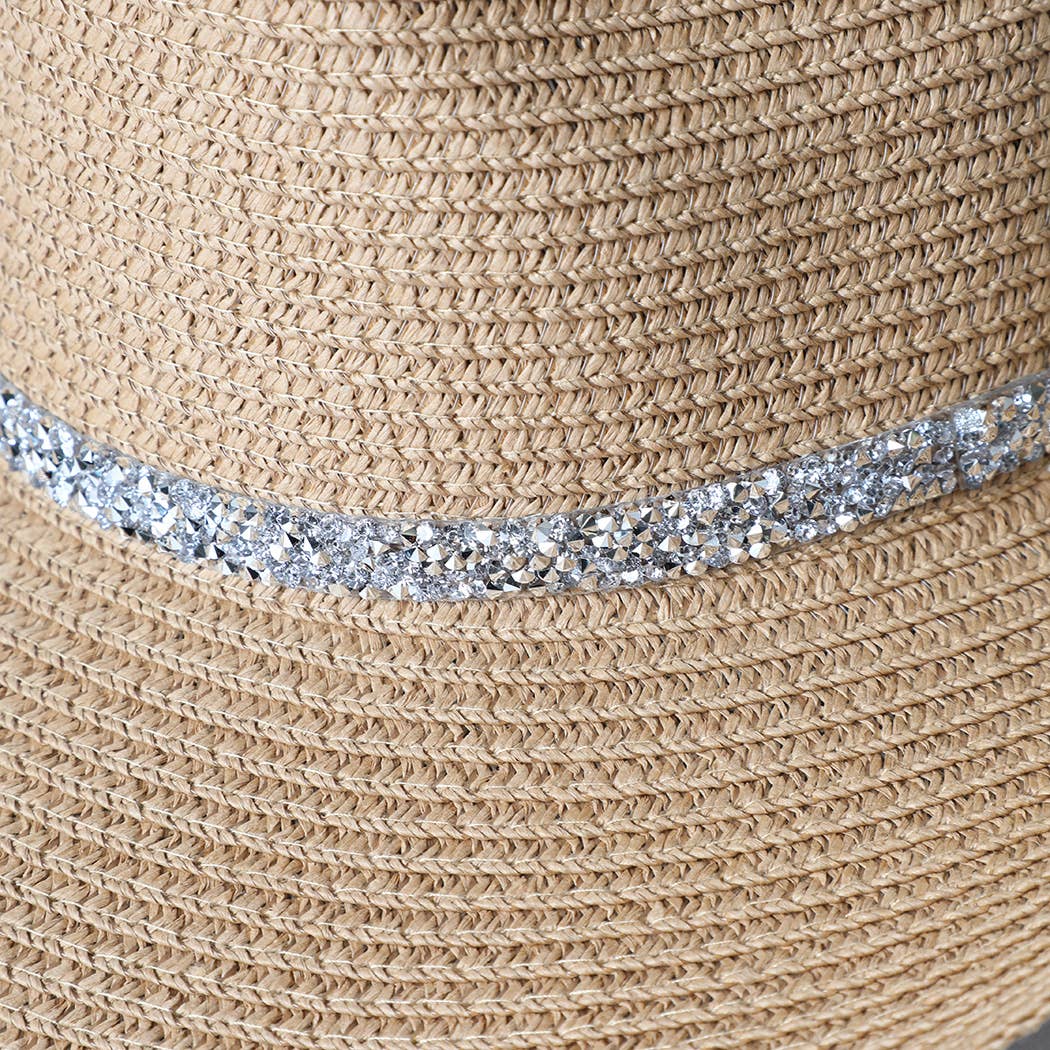 Rhinestone Band Straw Panama Cowboy Hat: White / ONE SIZE