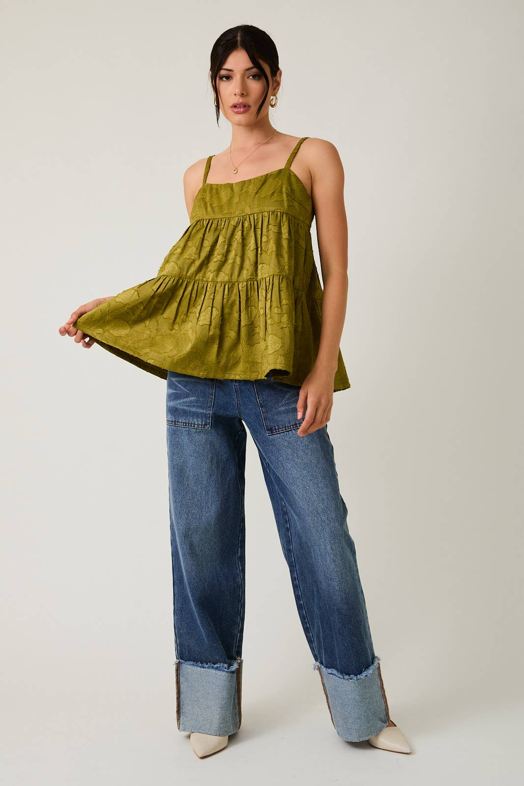 Olive Green Sleeveless Tiered Jacquard Woven Top