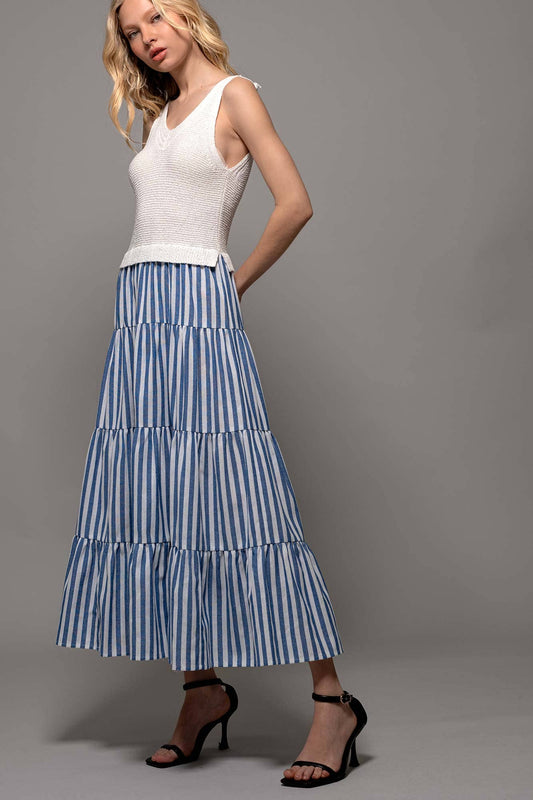 Blue Ribbed Bodice Striped Tiered Dress