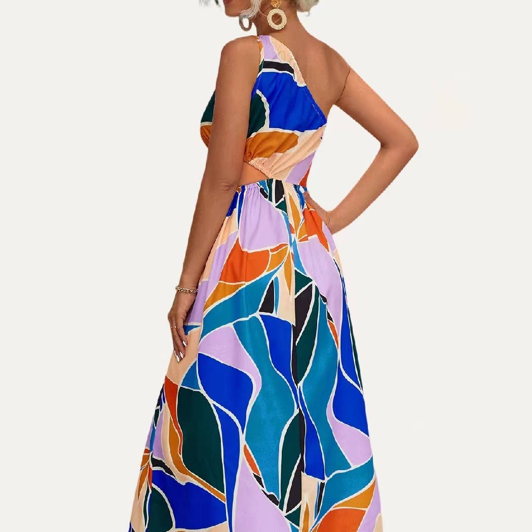 Cutie Multi Color One Shoulder Cutout Sleeveless Midi Dress: Pink Multi / S