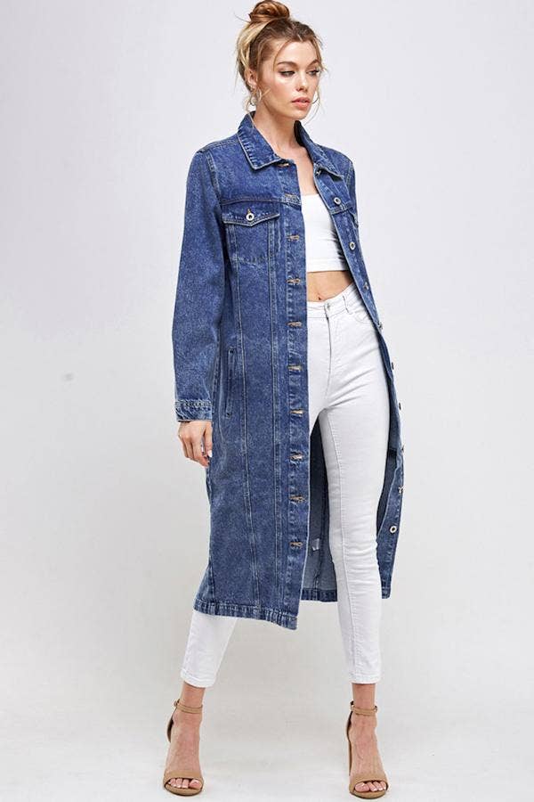 Long Trench Coat Denim Jean Jacket (OPEN PACK): Dark Blue / XL