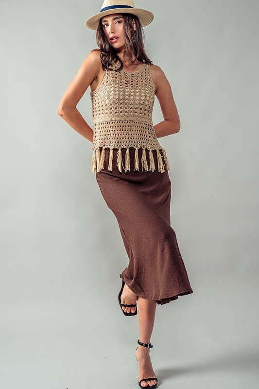 Crochet Knit Boho Tassel Hem Cover Top: KHAKI