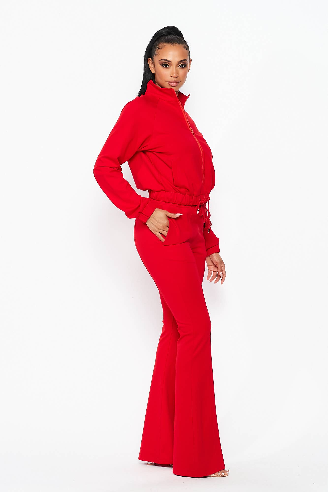 Simple Day Knit Track Jacket and Flare Pants Set: RED