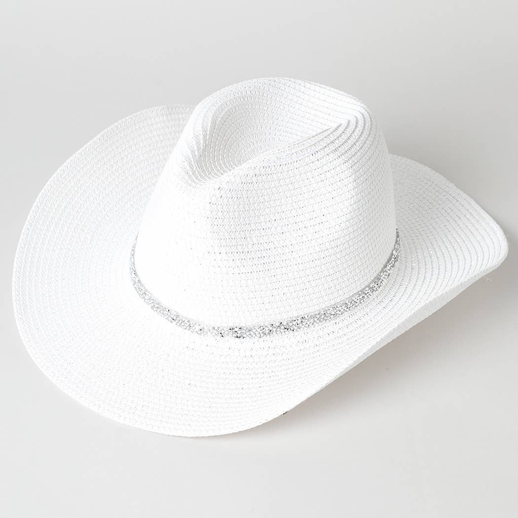 Rhinestone Band Straw Panama Cowboy Hat: White / ONE SIZE