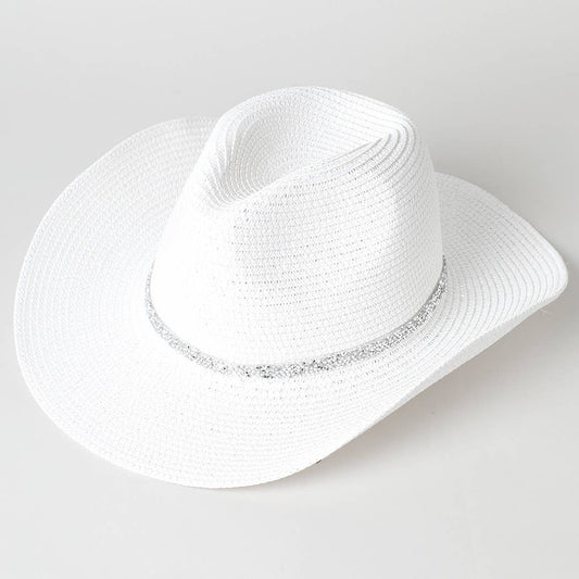 Rhinestone Band Straw Panama Cowboy Hat: White / ONE SIZE