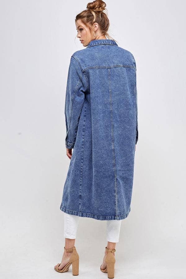 Long Trench Coat Denim Jean Jacket (OPEN PACK): Dark Blue / XL