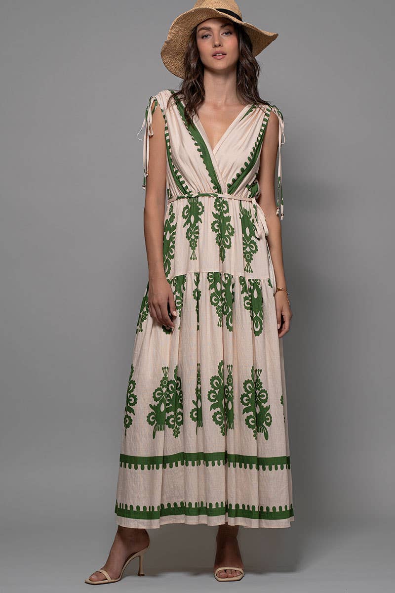Green and Cream Embroidered Print Tie-Shoulder V-Neck Maxi Dress