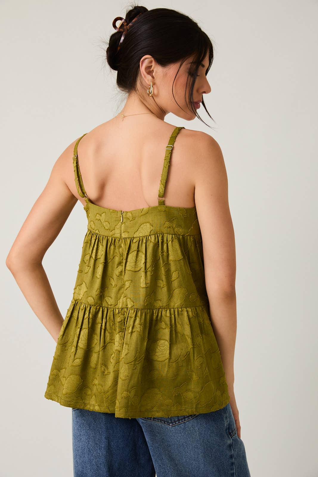 Olive Green Sleeveless Tiered Jacquard Woven Top
