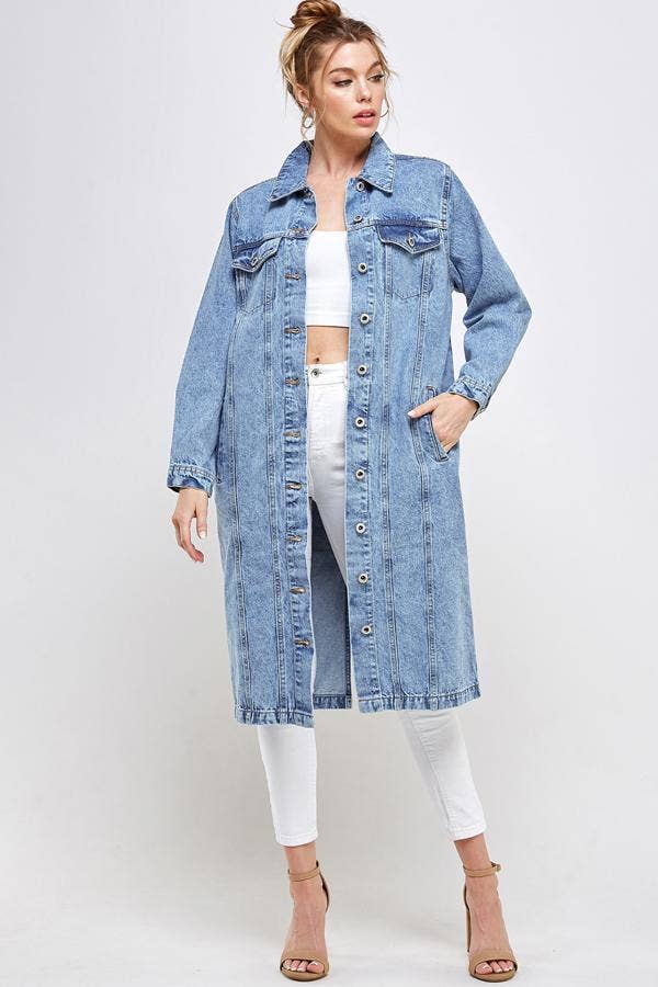 Long Trench Coat Denim Jean Jacket (OPEN PACK): Dark Blue / XL