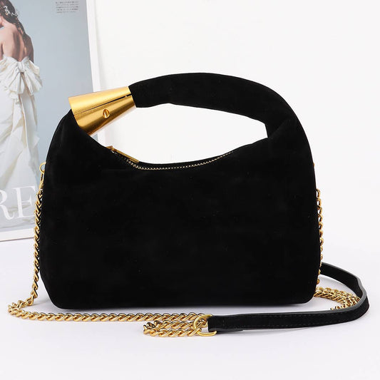Black Suede Hobo Bag with Gold Accents