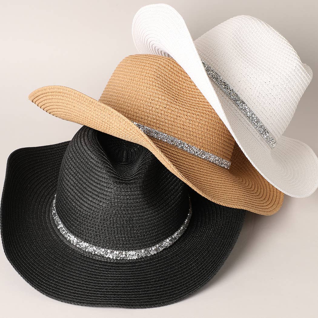 Rhinestone Band Straw Panama Cowboy Hat: Black / ONE SIZE