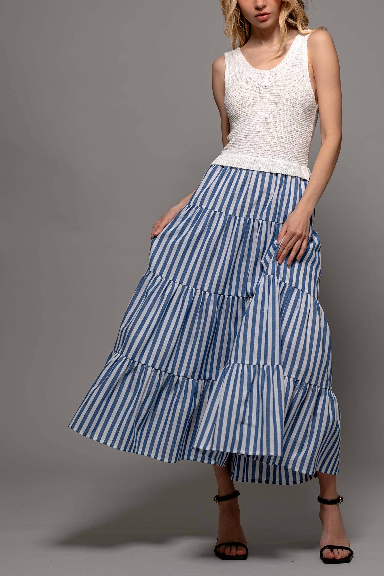 Blue Ribbed Bodice Striped Tiered Dress