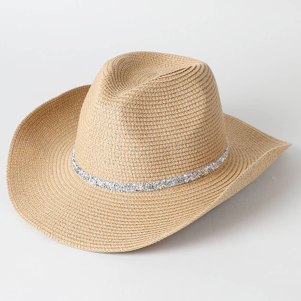 Rhinestone Band Straw Panama Cowboy Hat: White / ONE SIZE