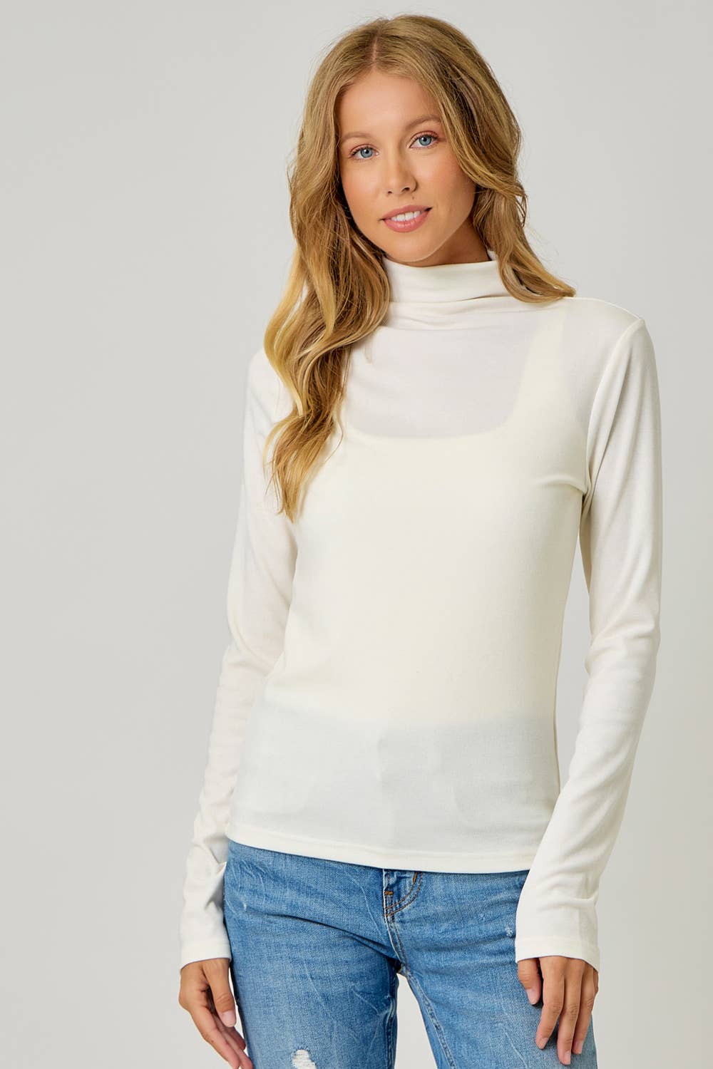 Knit Mock Neck Long Sleeve Top: Ivory