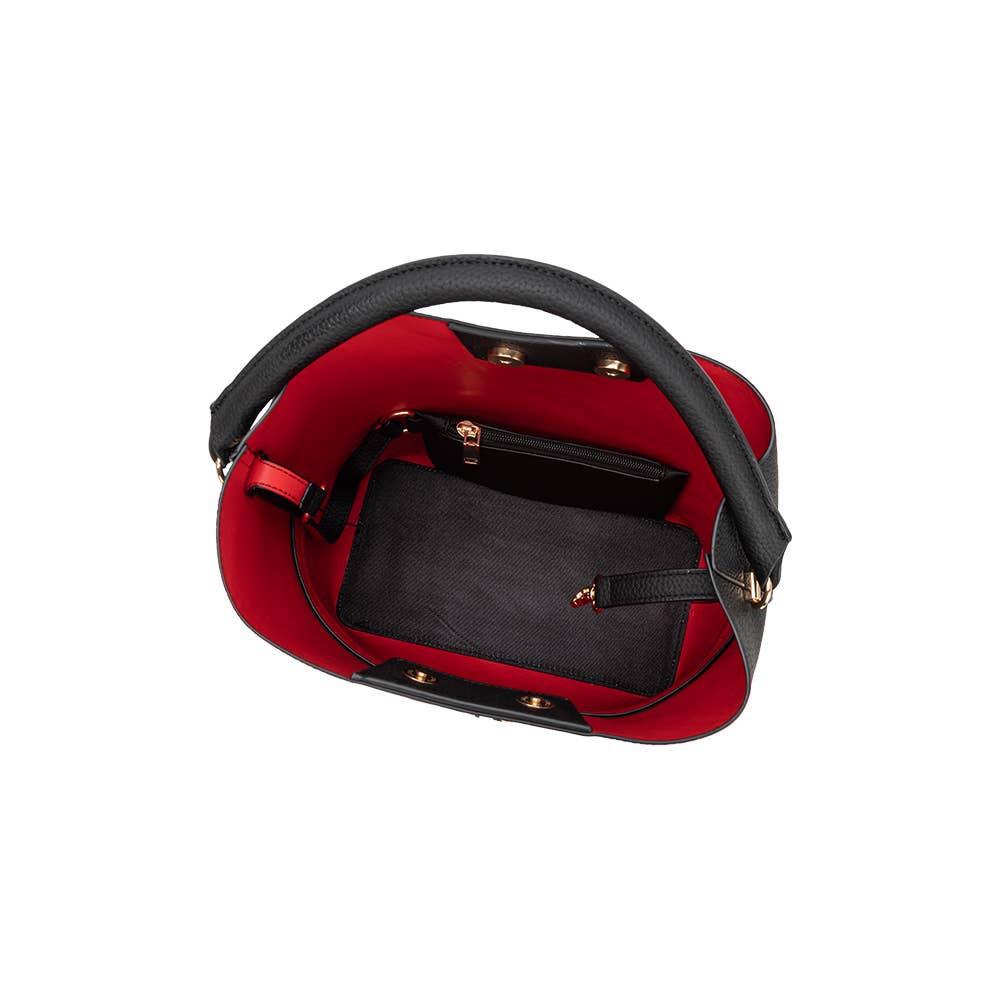 Karianna Black Three-piece Vegan Bag with Red leather lining