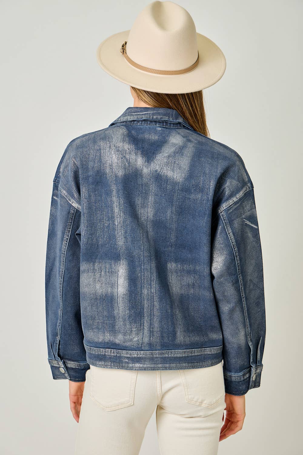 Metallic Washed Denim Jacket: Denim Blue/Pearl