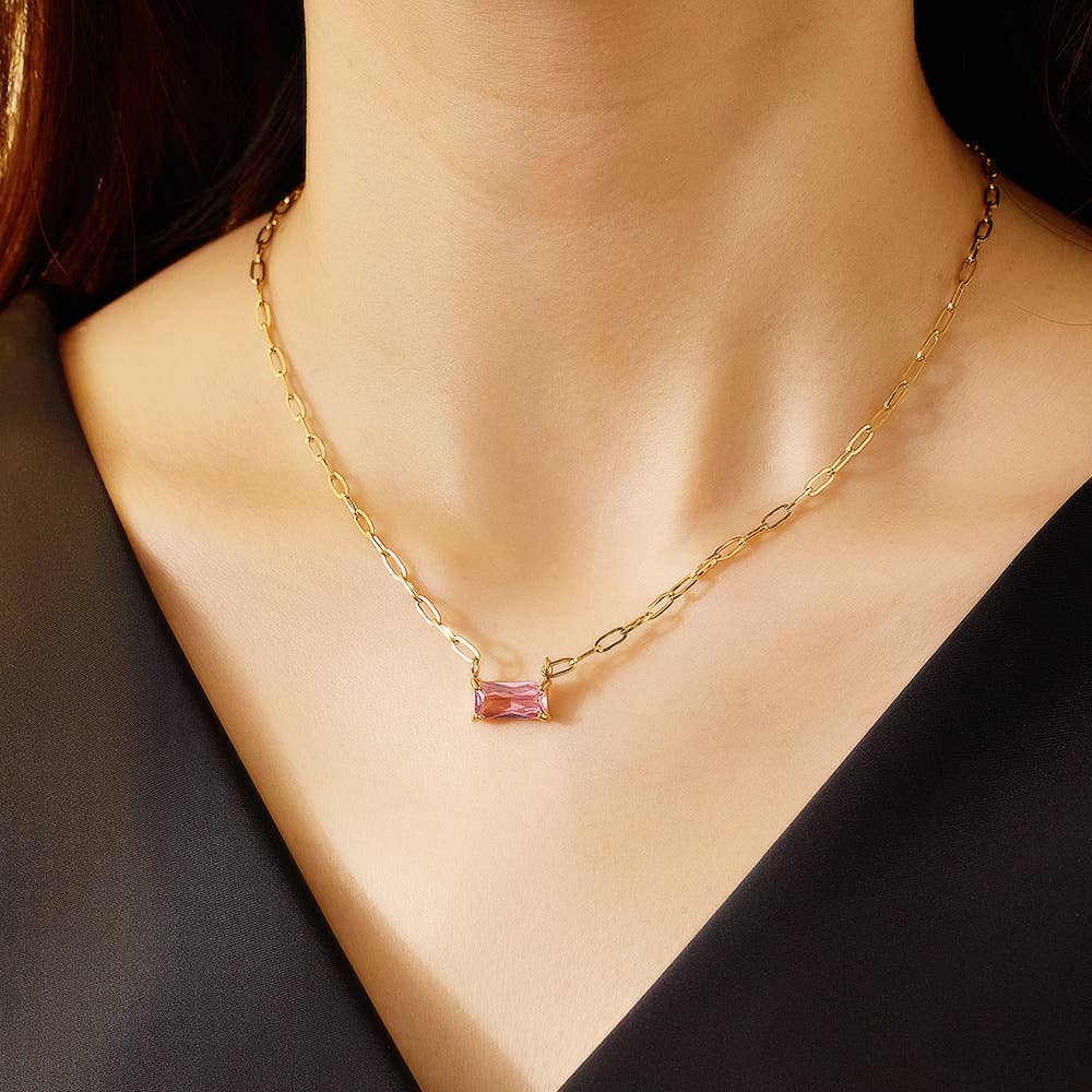 Titanium Steel Simple Rectangle Inlay Zircon Necklace: Blue