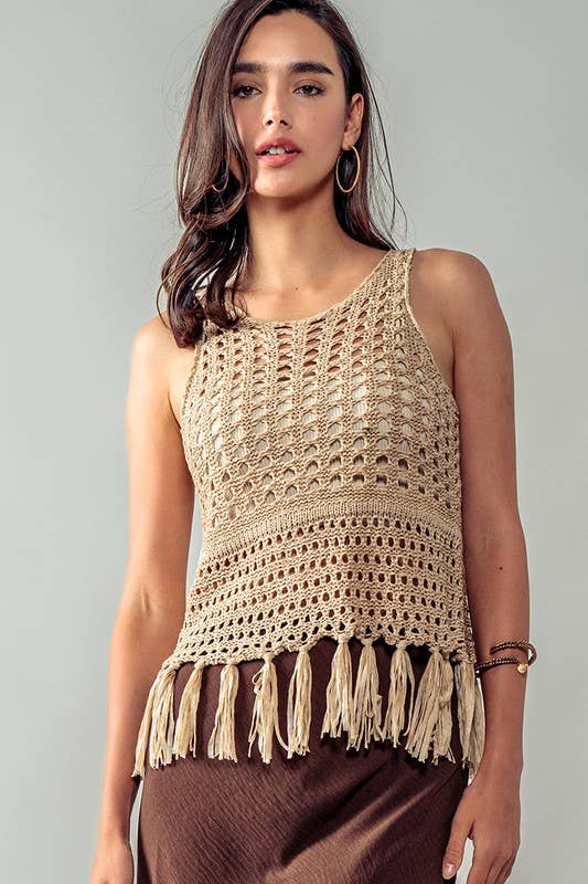 Crochet Knit Boho Tassel Hem Cover Top: KHAKI