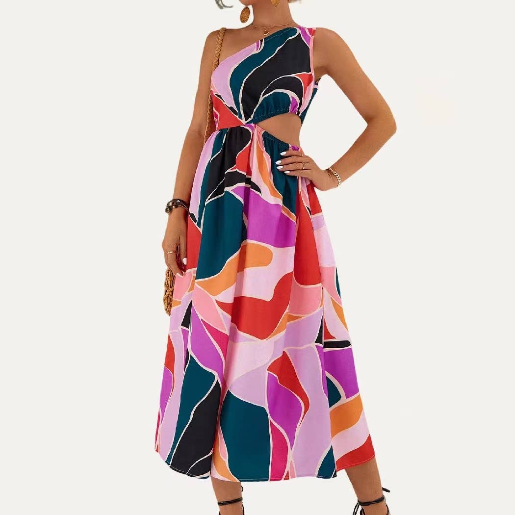 Cutie Multi Color One Shoulder Cutout Sleeveless Midi Dress: Pink Multi / S