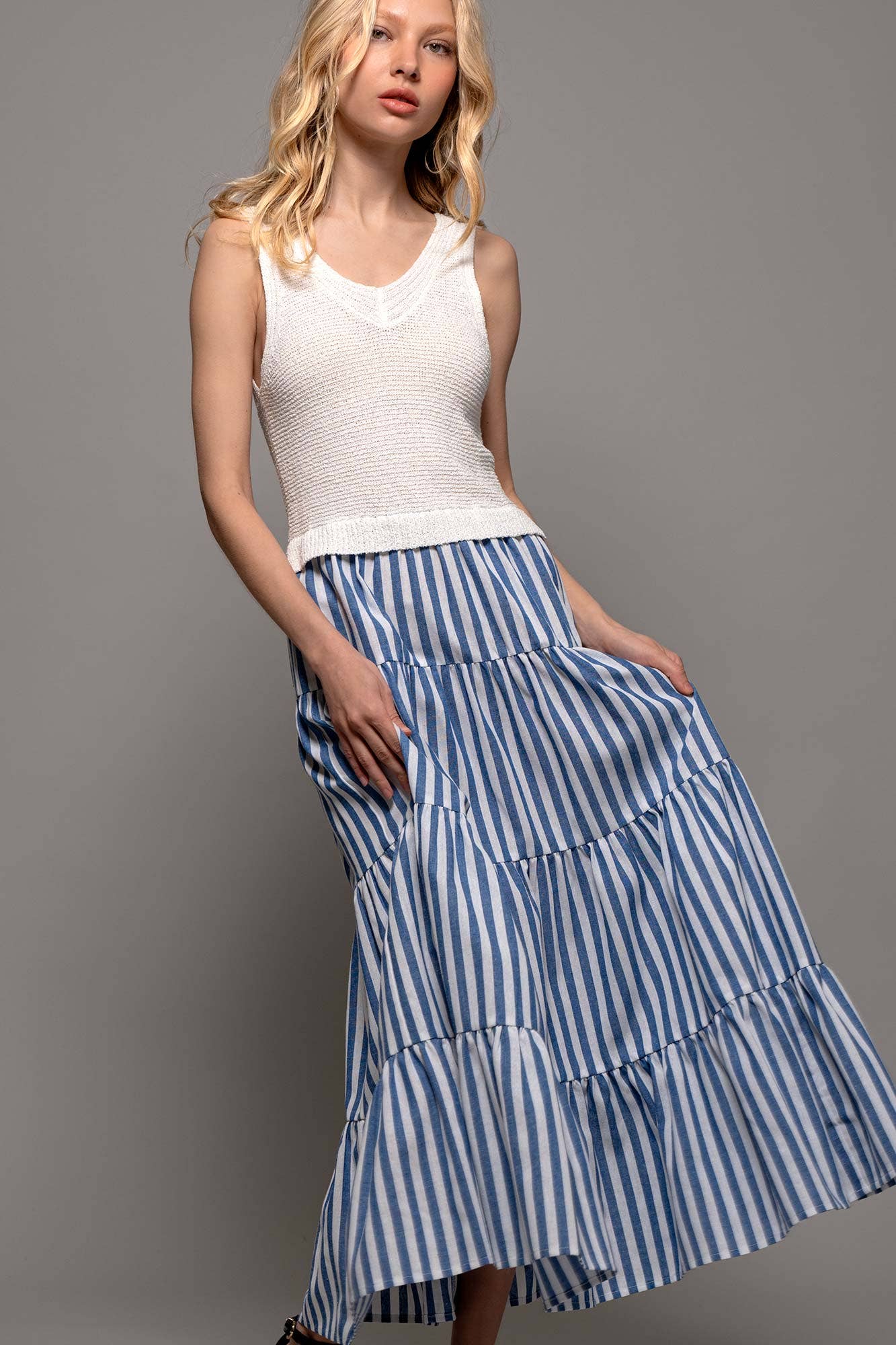 Blue Ribbed Bodice Striped Tiered Dress
