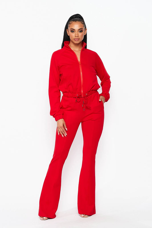 Simple Day Knit Track Jacket and Flare Pants Set: RED