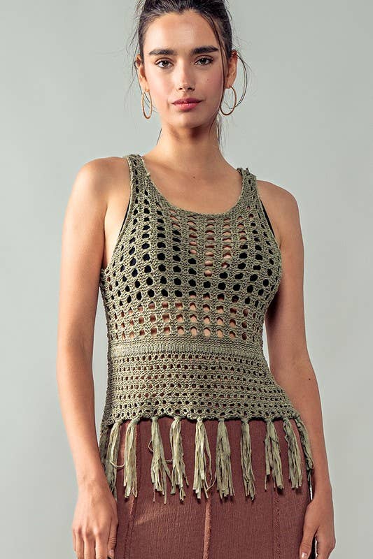 Crochet Knit Boho Tassel Hem Cover Top: KHAKI