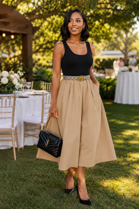 Chic Tan and Black Midi Khaki Dress