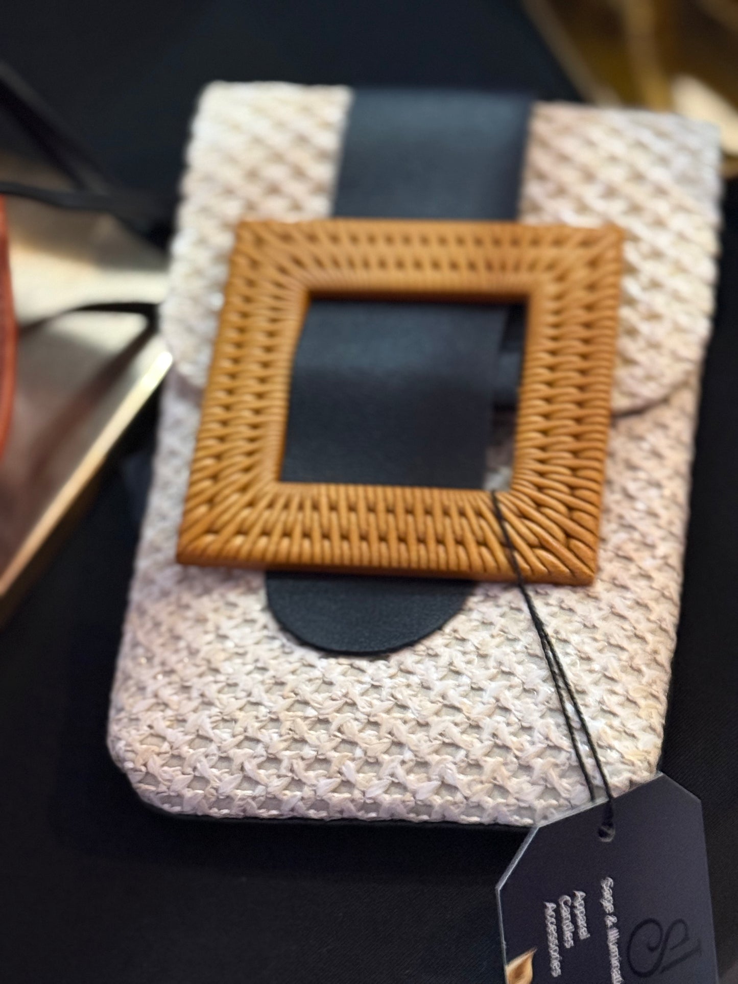 Cream and Black Woven Cellphone Crossbody Bag
