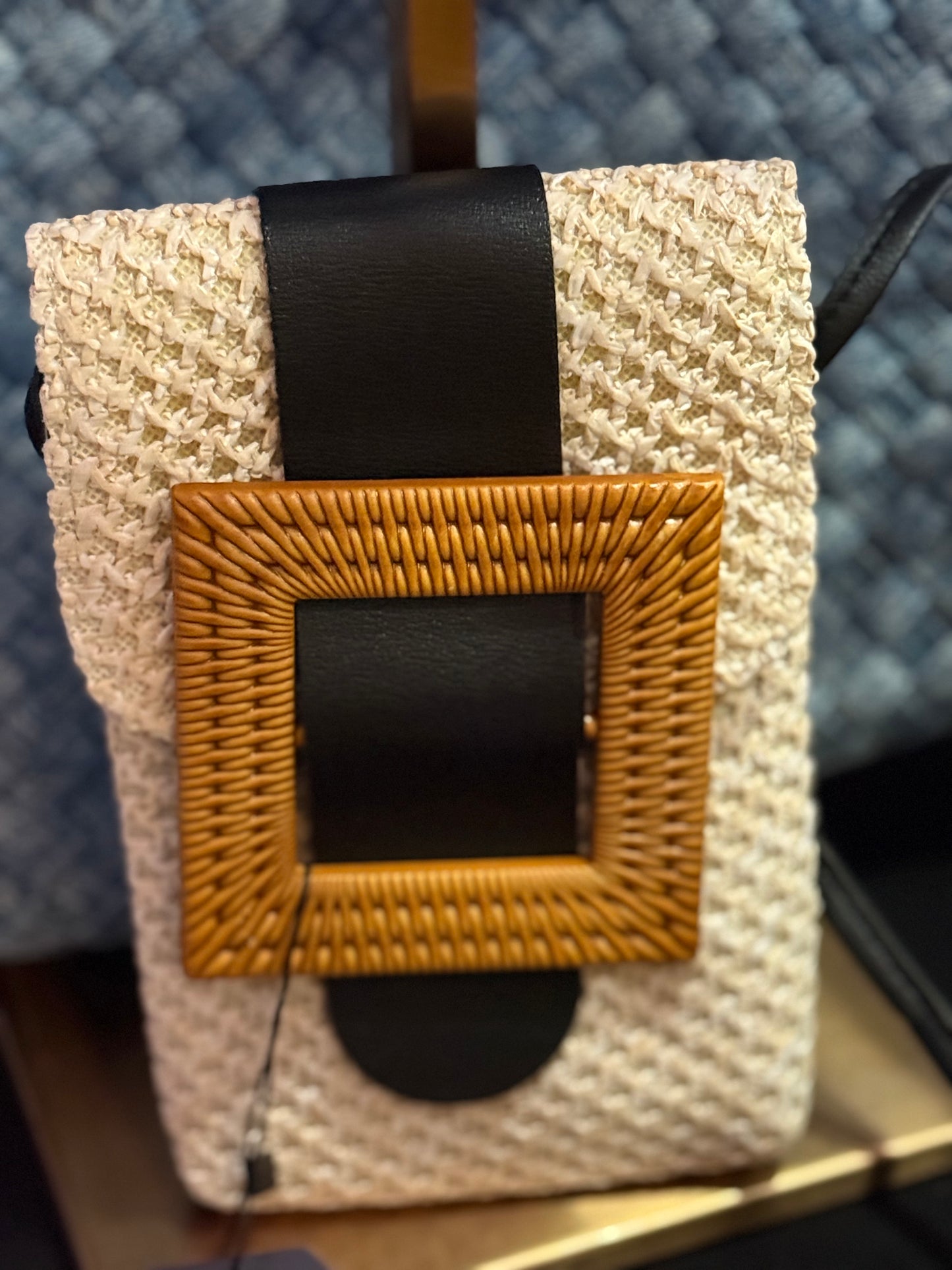 Cream and Black Woven Cellphone Crossbody Bag