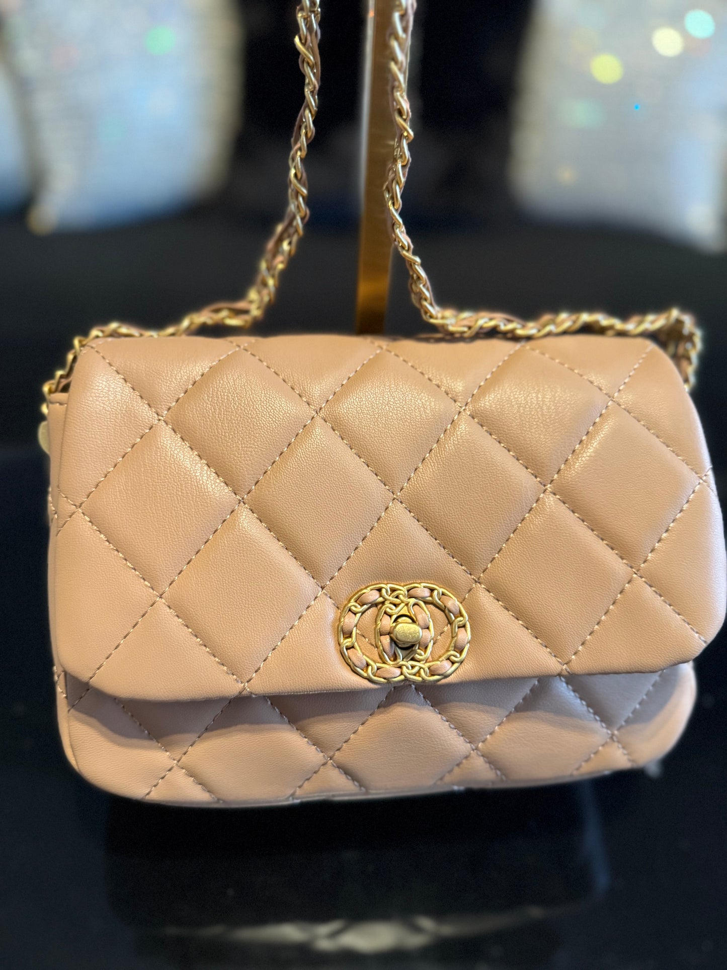 Taupe Soft Leather Crossbody Bag with Chain Strap