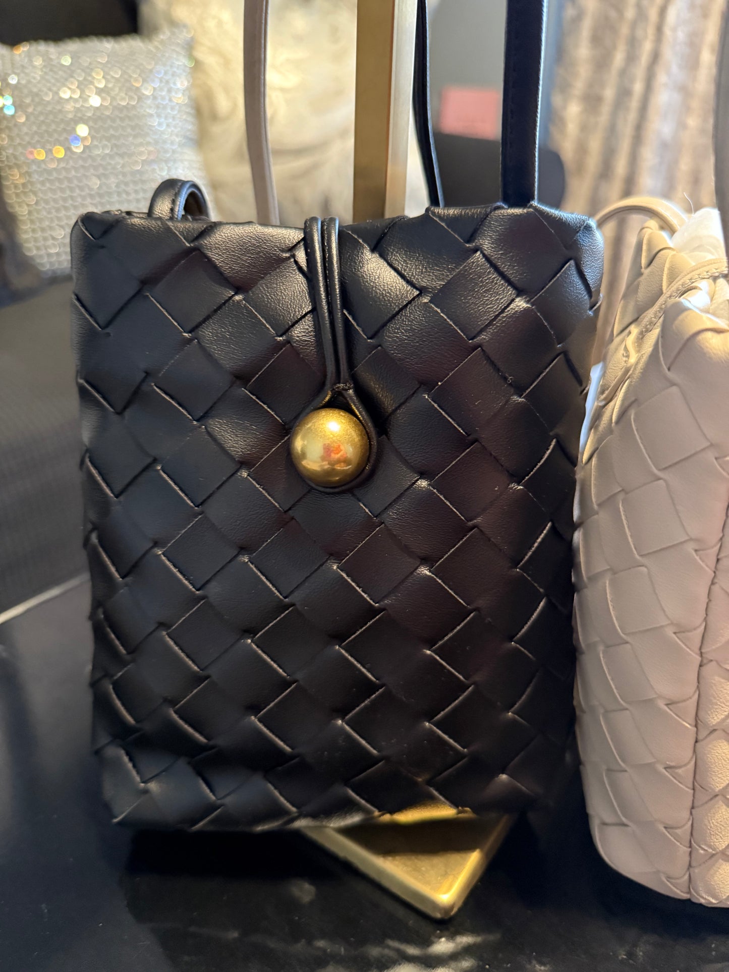 Black/Sand soft leather cell phone purse with knotted strap