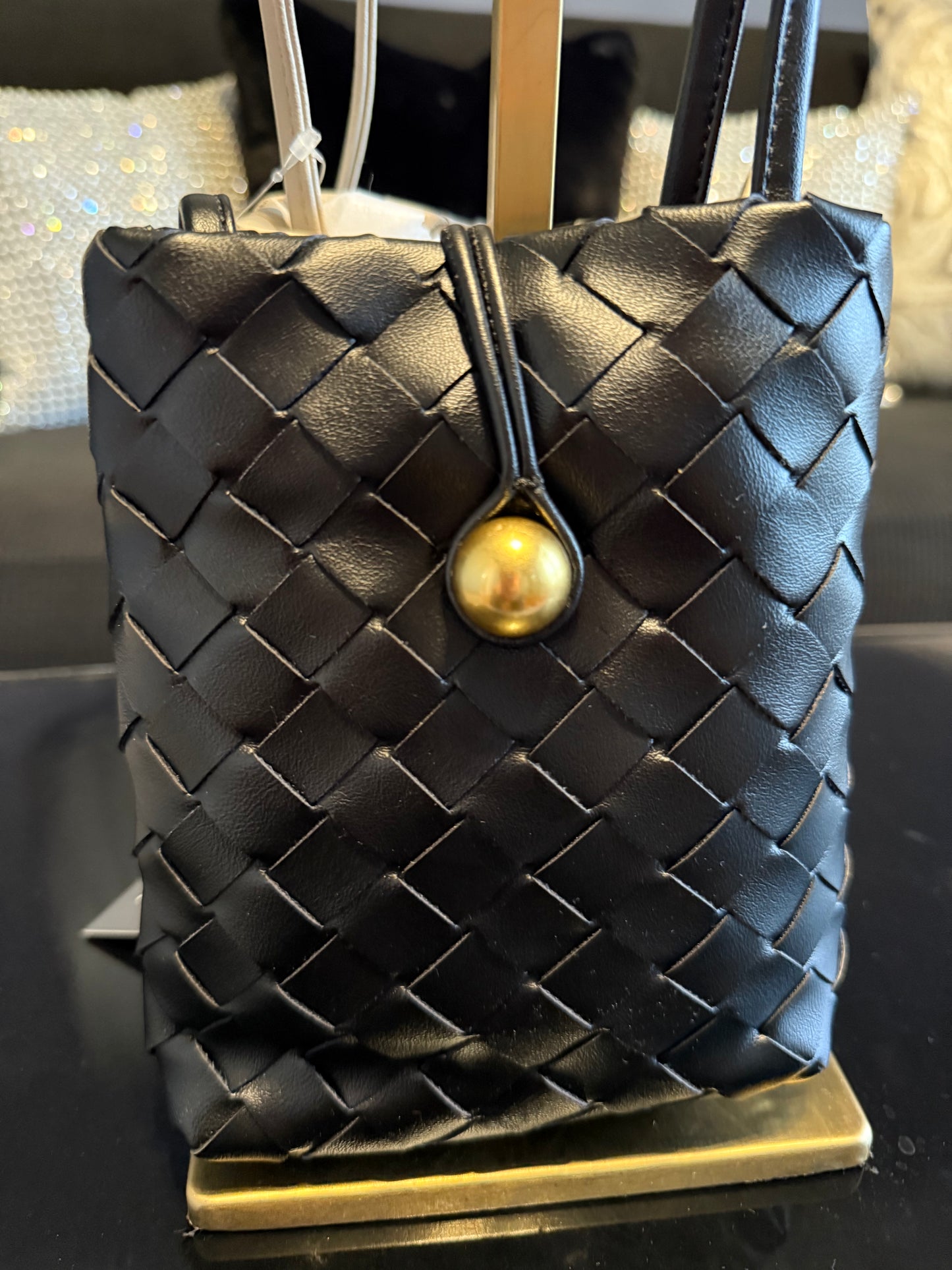 Black/Sand soft leather cell phone purse with knotted strap