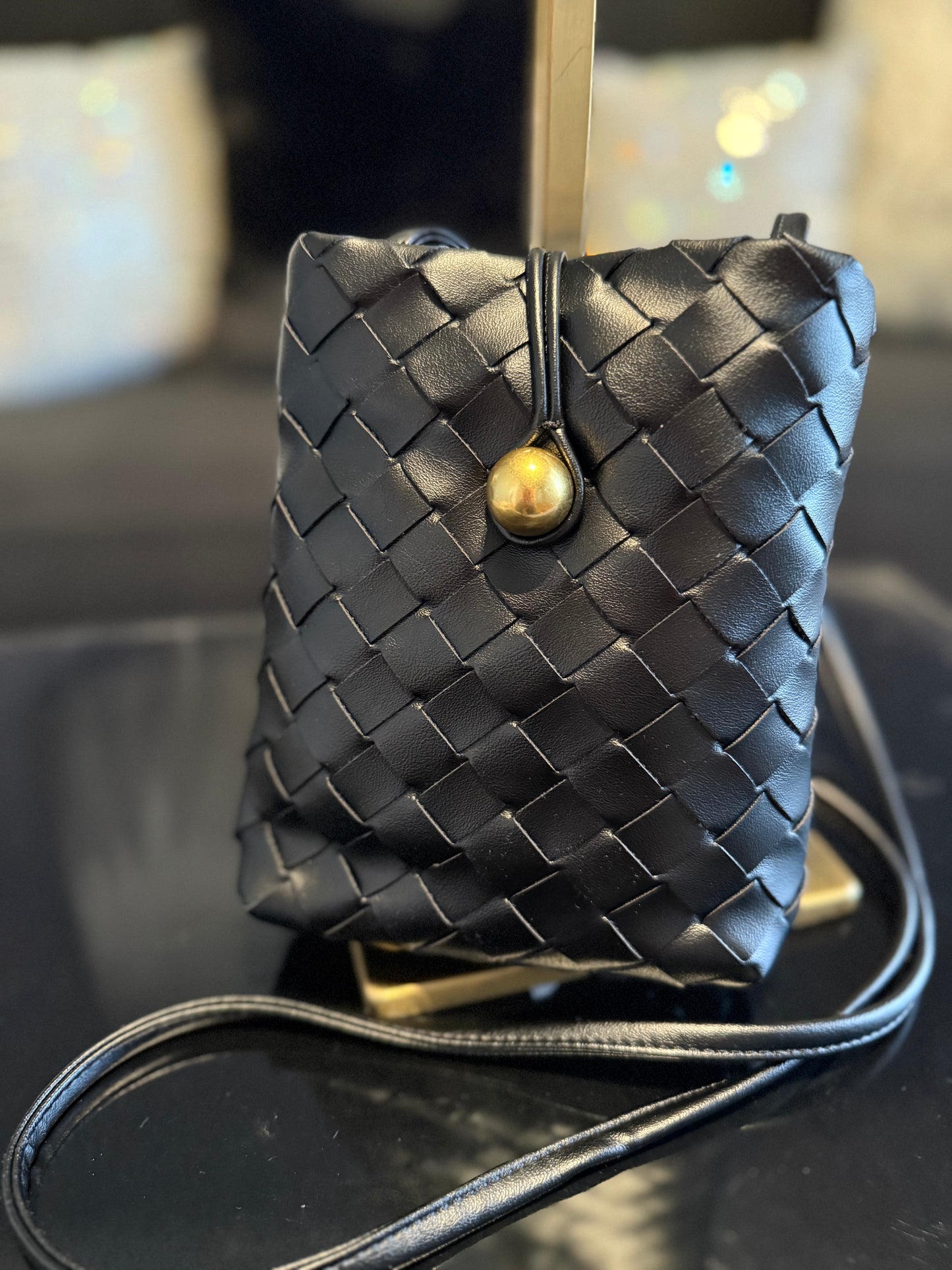 Black/Sand soft leather cell phone purse with knotted strap