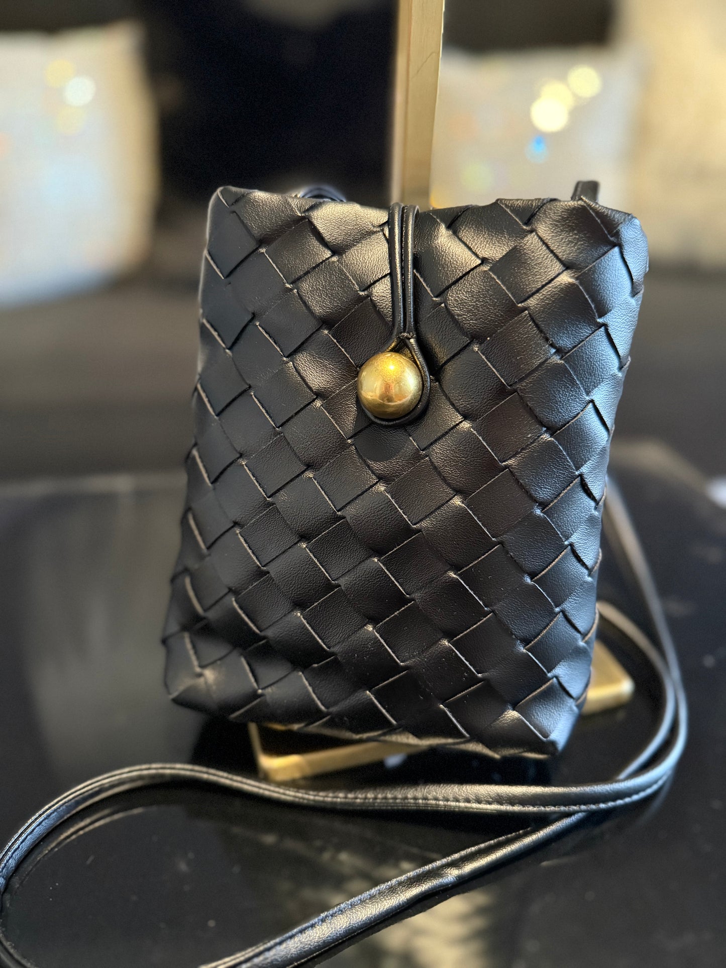 Black/Sand soft leather cell phone purse with knotted strap