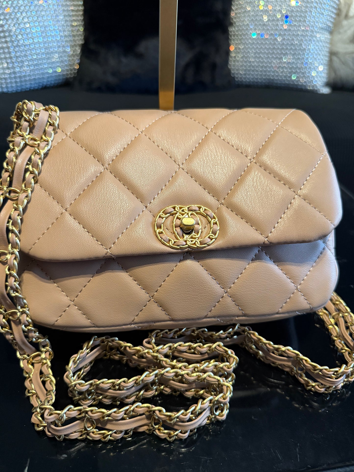 Taupe Soft Leather Crossbody Bag with Chain Strap