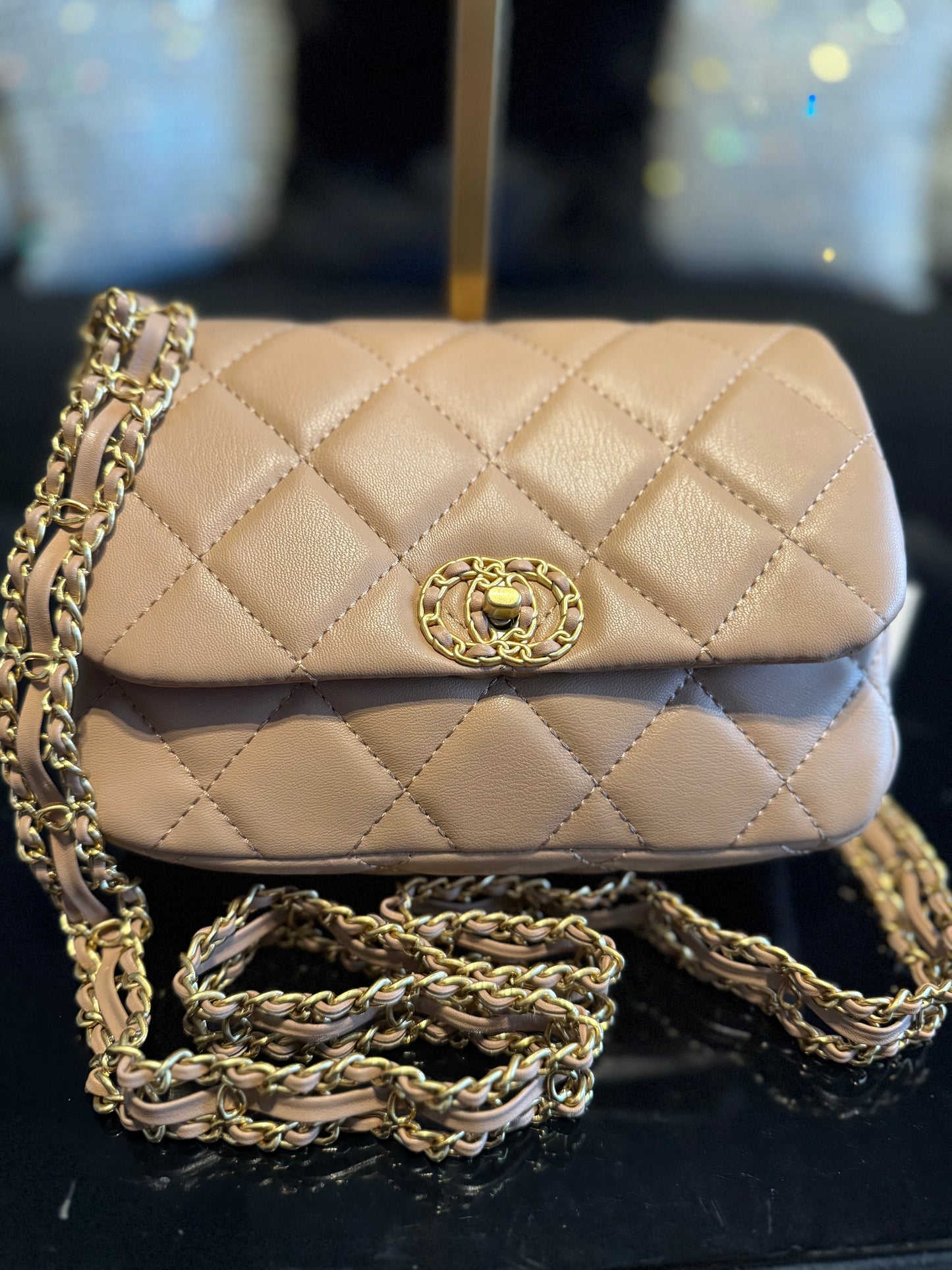 Taupe Soft Leather Crossbody Bag with Chain Strap