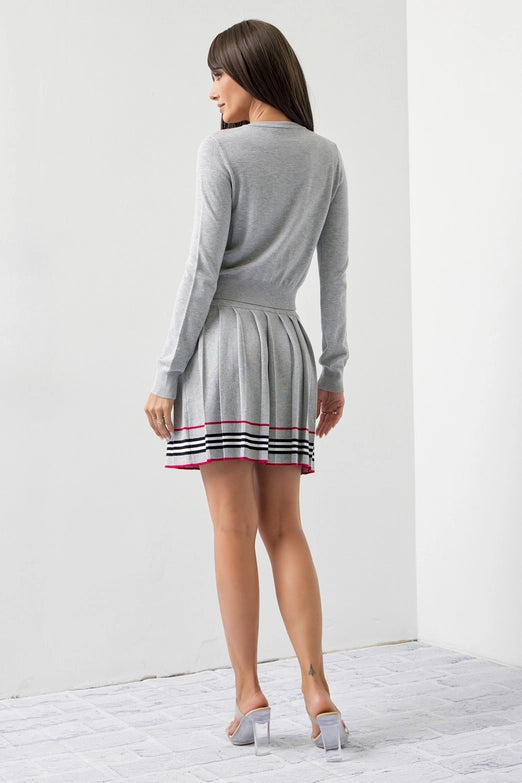 Knit Cardigan And Pleated Mini Skirt Set | GREY