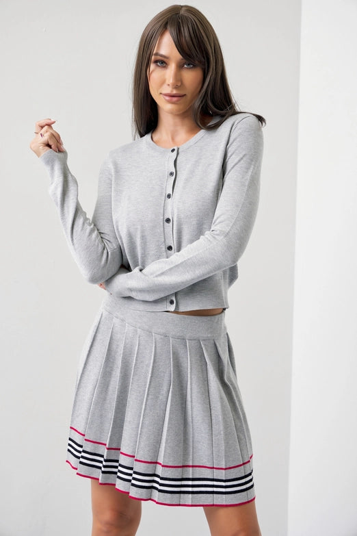 Knit Cardigan And Pleated Mini Skirt Set | GREY