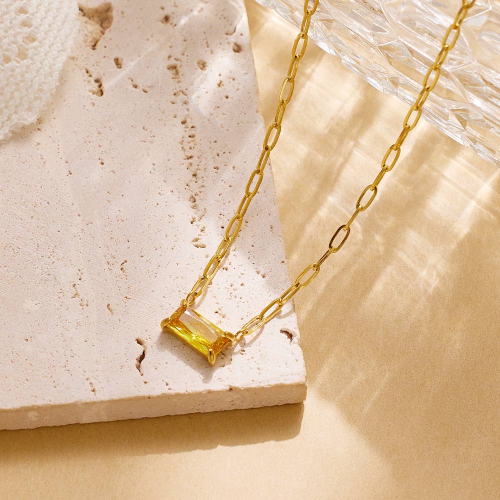 Titanium Steel Simple Rectangle Inlay Zircon Necklace: Blue