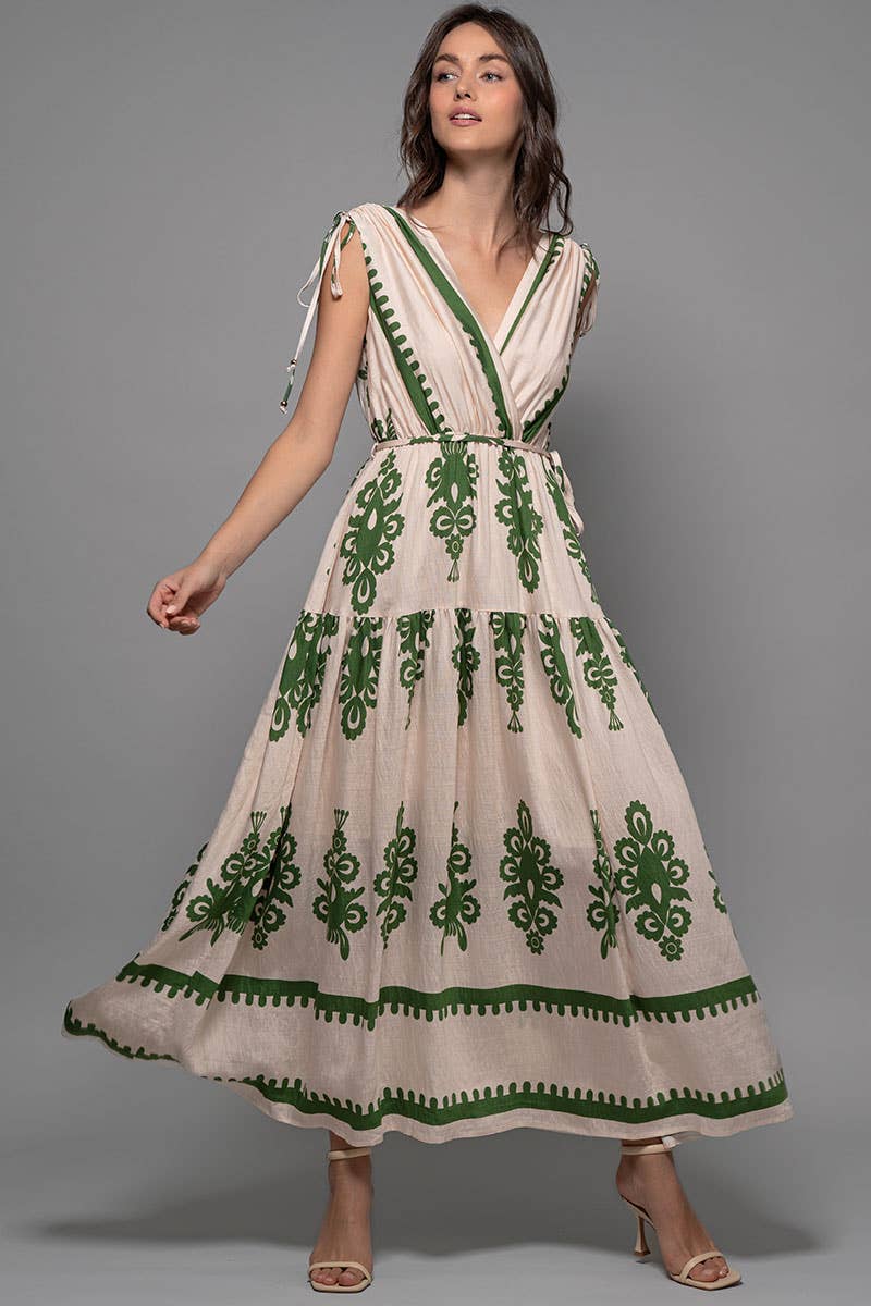 Green and Cream Embroidered Print Tie-Shoulder V-Neck Maxi Dress