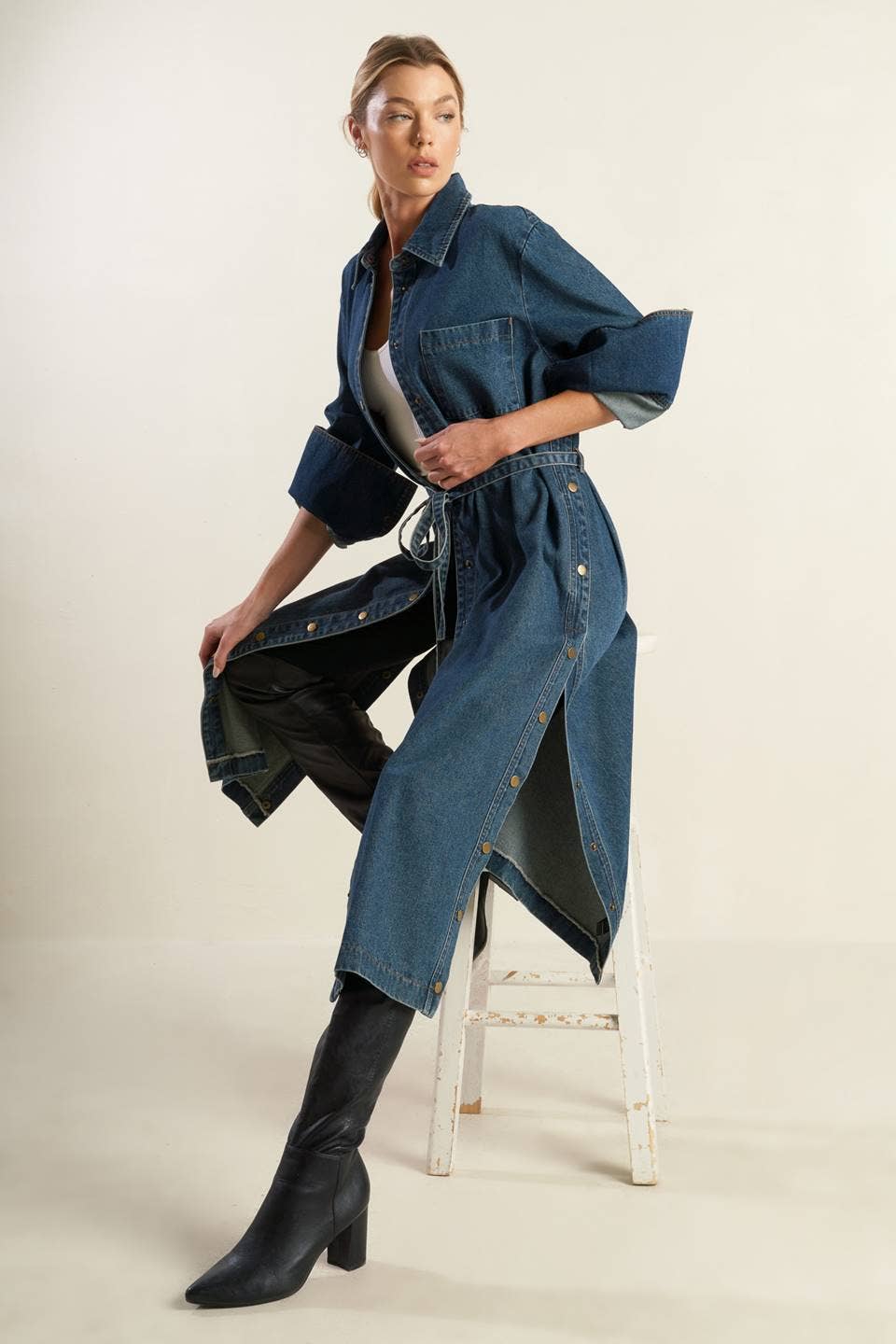 A denim midi coat dress INDIGO